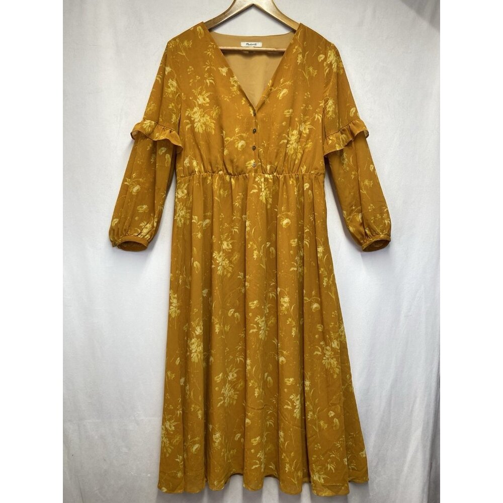 Madewell Ruffle Sleeve Button-Front Dress Women 6 Tonal Botanical Gold Yellow